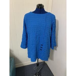 ALI MILES Size Medium Tunic Top Crinkle Lagenlook Coastal Buttons Aqua Blue